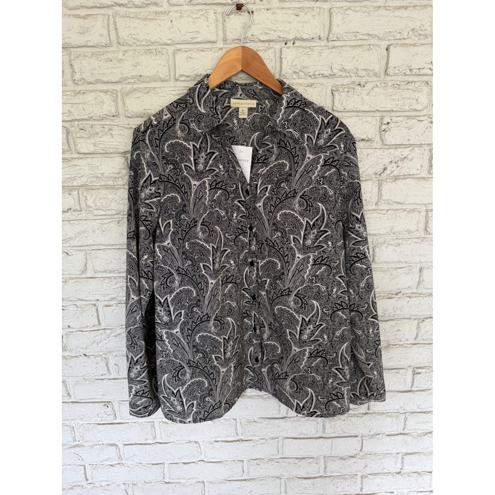 Appleseed's XL Black Paisley Button Down Shirt Long‎ Sleeve Blouse Top New